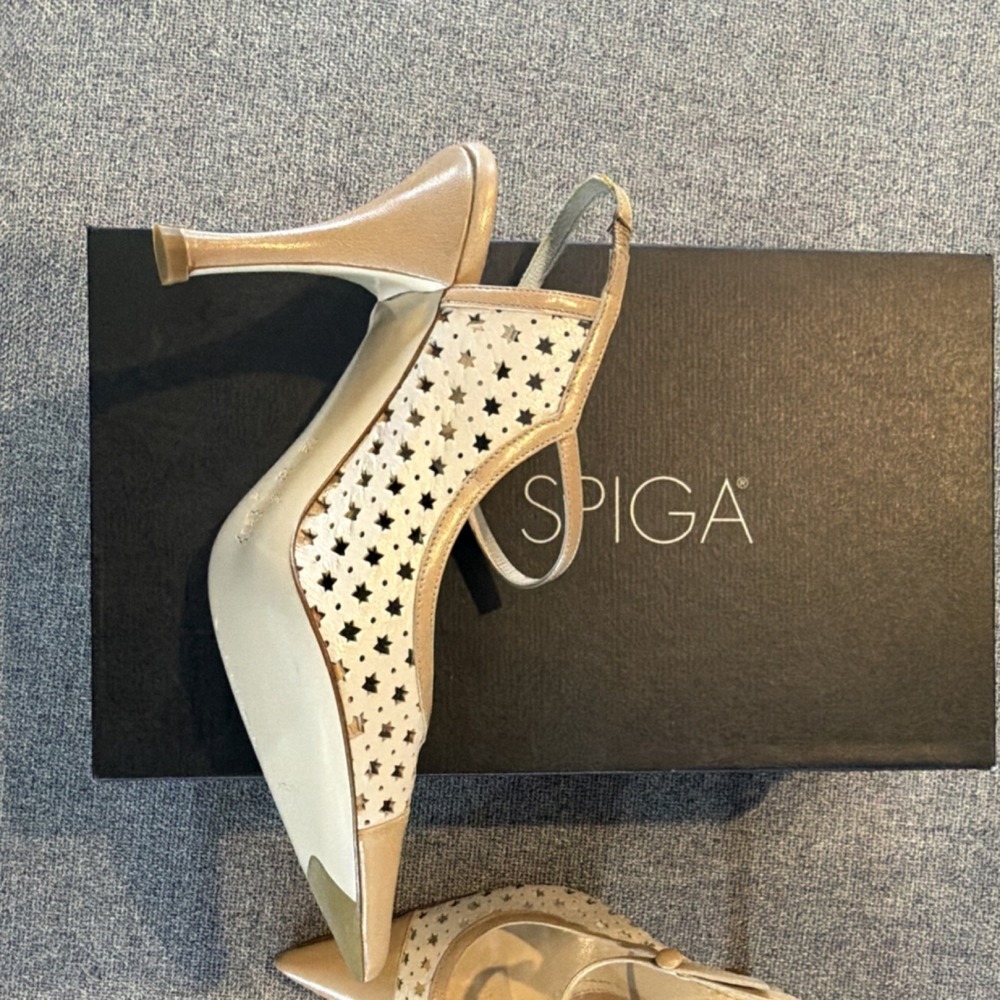 Via Spiga Slingback Stiletto Heels Ivory Biscotto Leather Star Cutouts Sz 6 - Picture 3 of 4